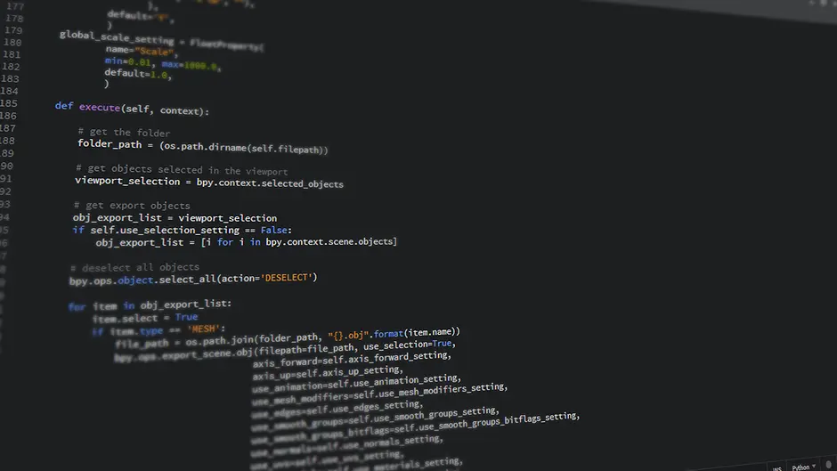 Close-up view of Python code on a computer screen, reflecting software development and programming.